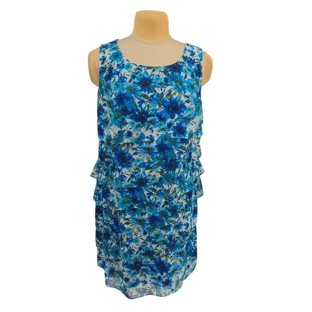 Dressbarn Tiered Dress Womens 14 Blue Floral Knee Length Chiffon Garden Party